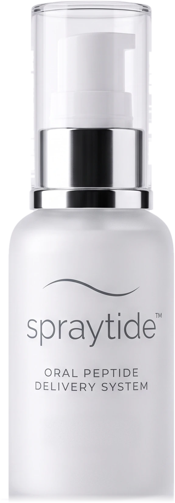 The SPRAYTIDE bottle: a frosted 30 mL cylinder with a polished metal collar and a clear overcap over the pump.